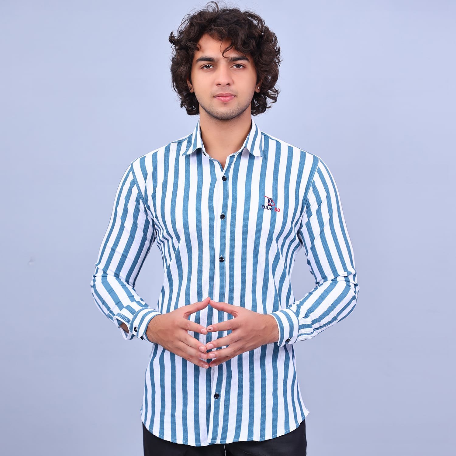 Blue50 Green Strip white shirt With full sleeve